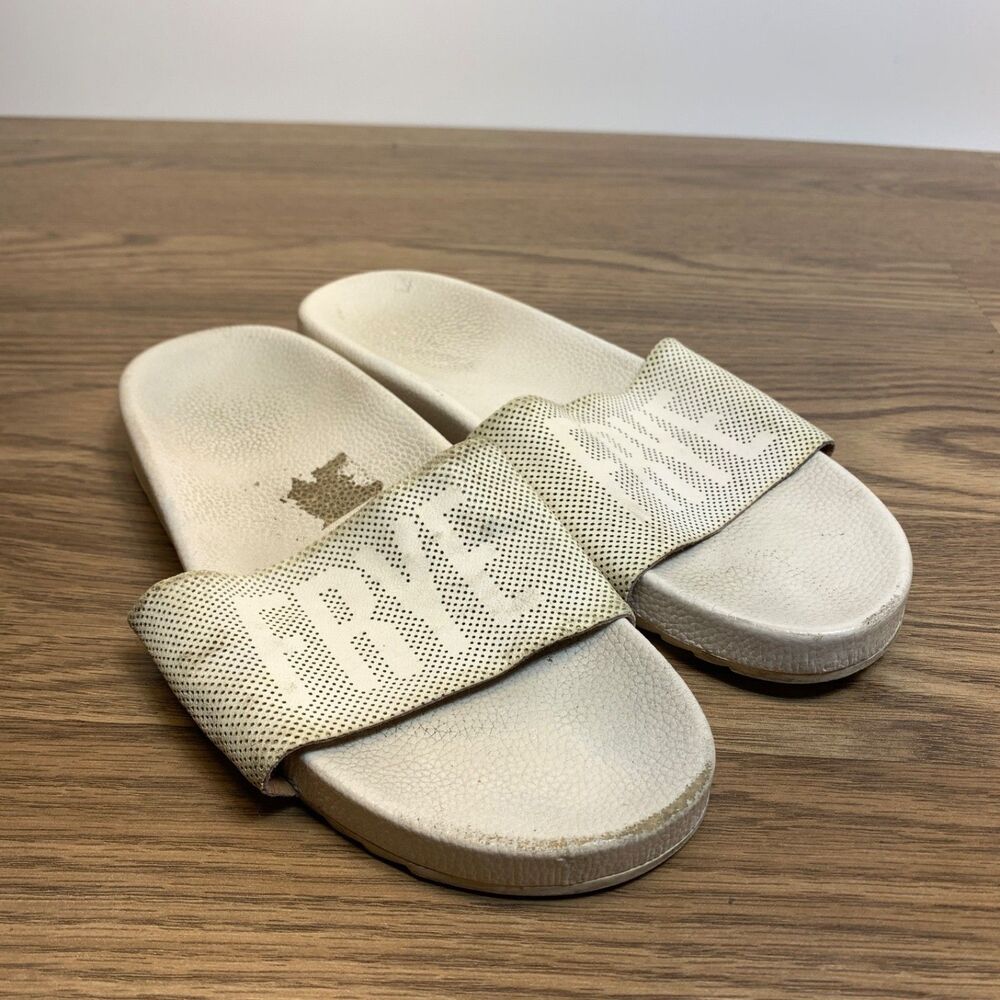 Frye Slip On Sandals Slides Flip Flops White Logo Spellout Womens‎ Size 7.5